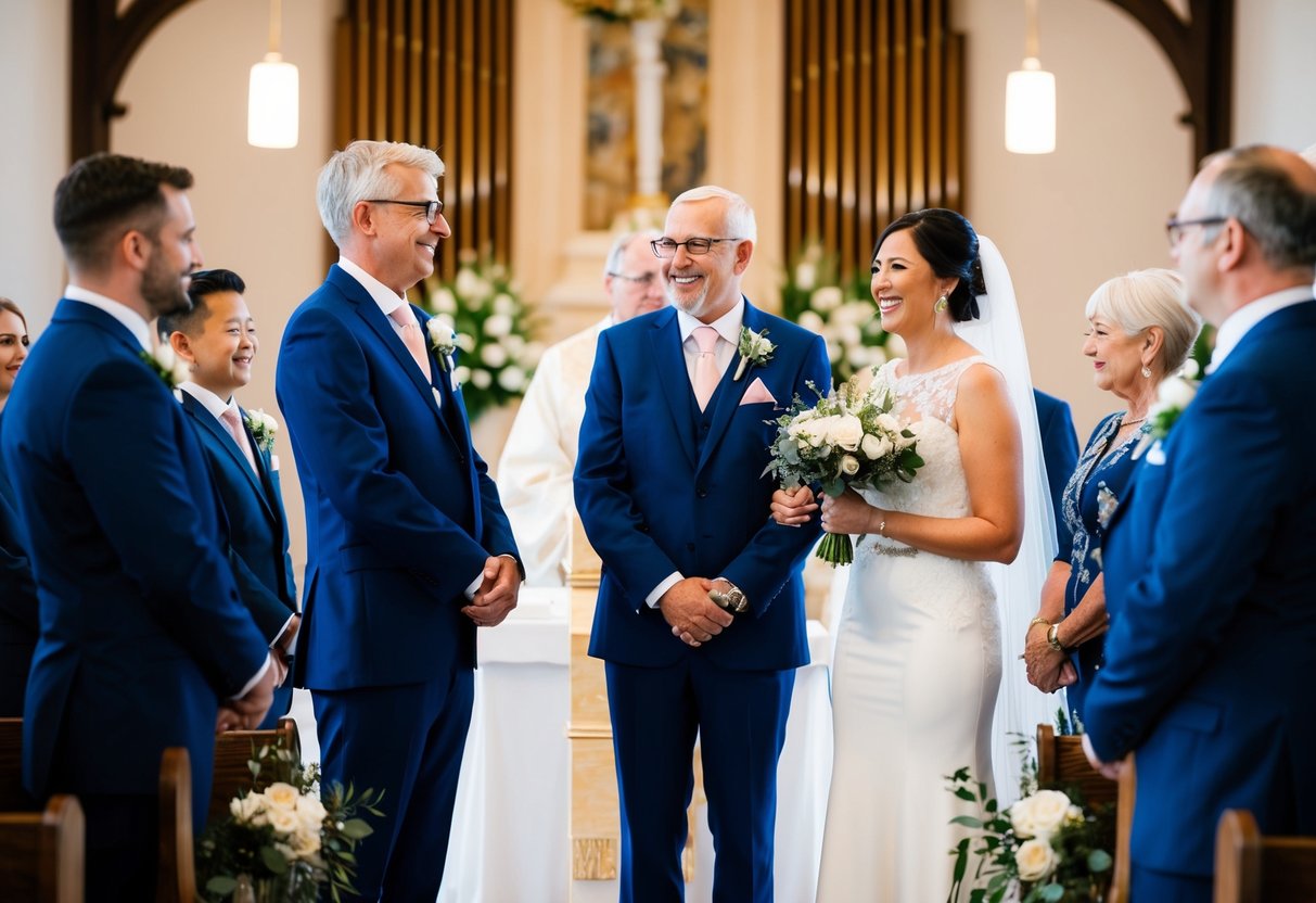 The groom's parents stand at the altar, speaking to the newlyweds with joy and pride