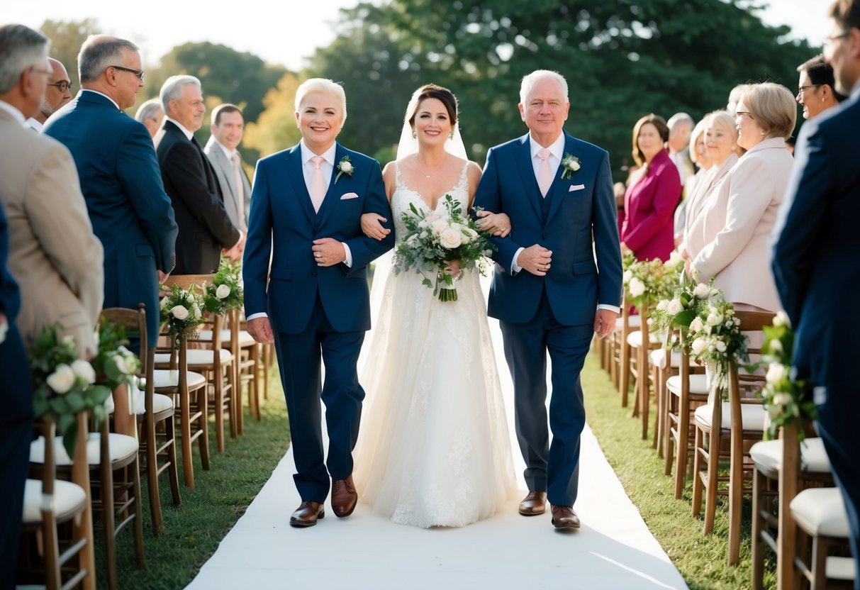 The groom's parents walk down the aisle together