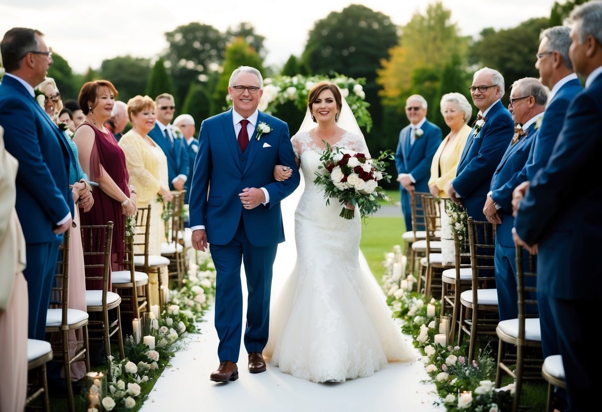 The groom's parents walk down the aisle together, following the traditional wedding processional