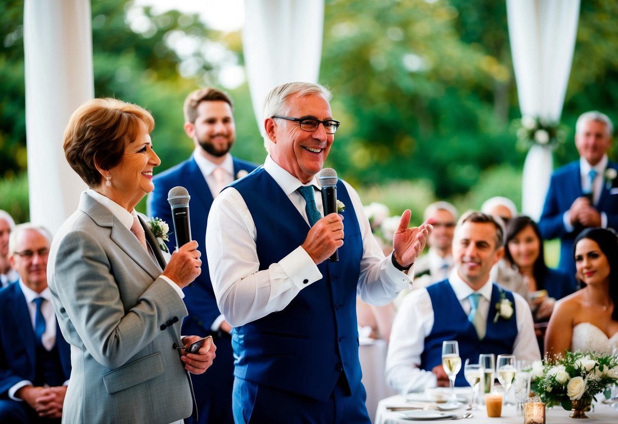 The groom's parents stand at the wedding reception, holding a microphone and smiling as they deliver a heartfelt speech to the newlyweds and guests