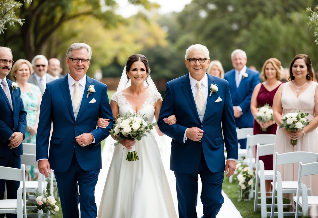 The groom's parents walk down the aisle together, preceding the bridal party and the bride's parents