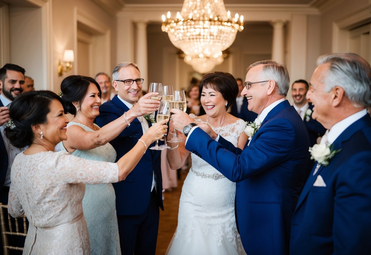 The groom's parents raise their glasses in a toast, surrounded by joyful guests and elegant decor