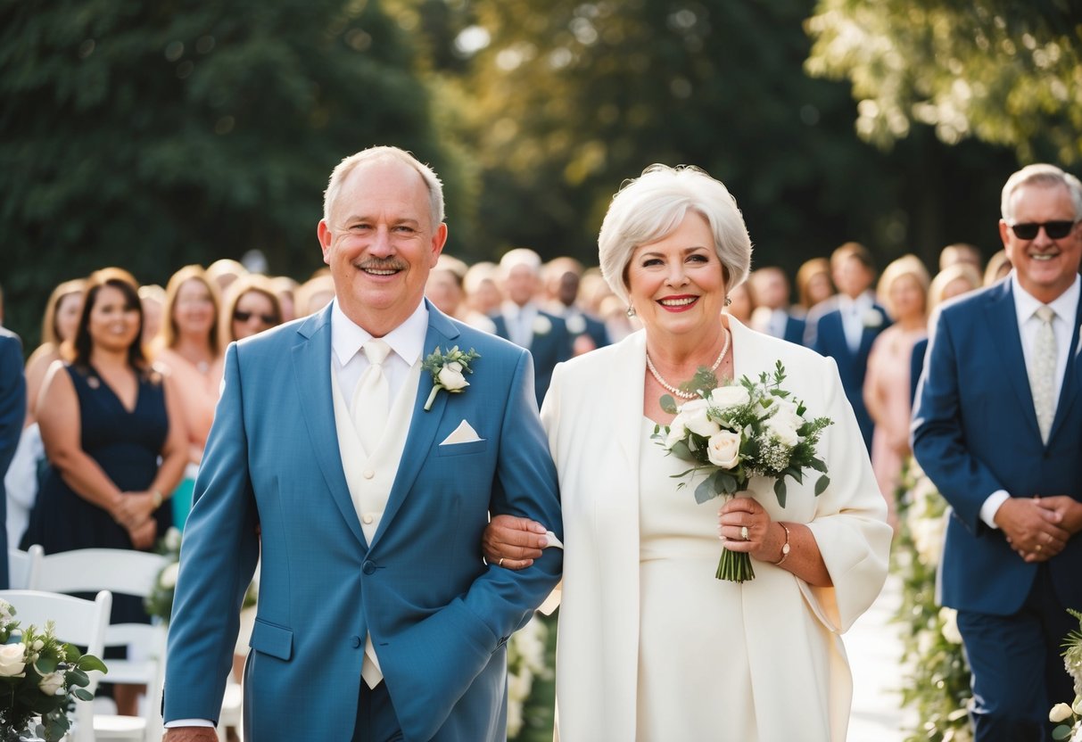 The groom's parents walk down the aisle together, smiling and looking proud