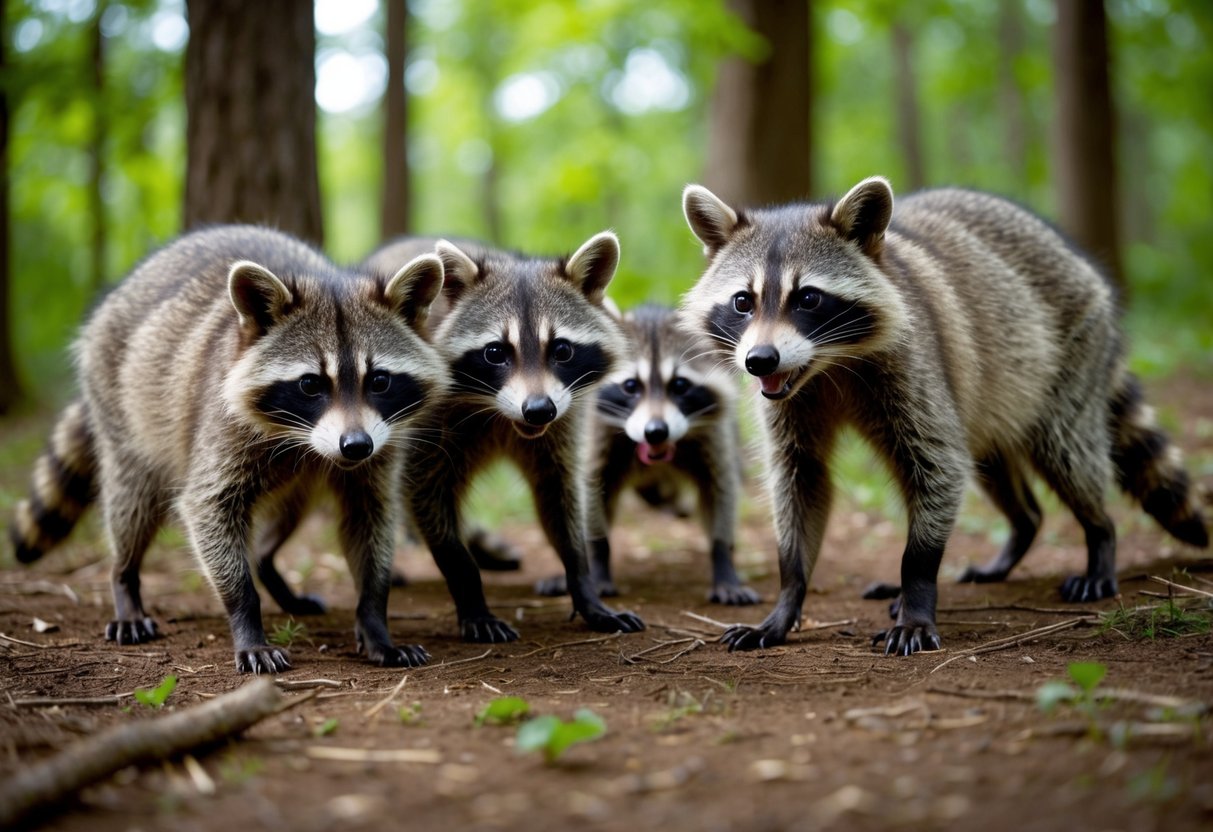 A group of raccoons cautiously approach a clearing in the forest, their curious and friendly expressions evident as they interact with each other