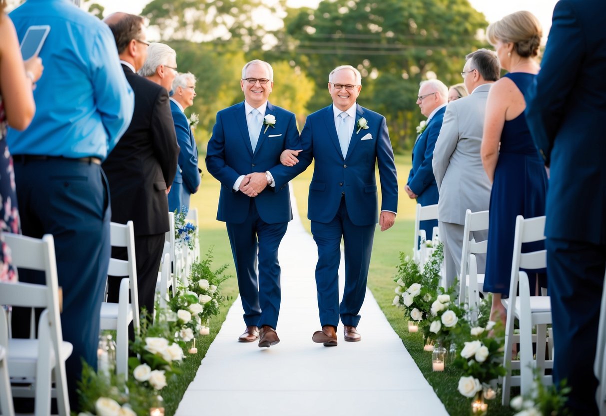 The groom's parents walk down the aisle together, symbolizing unity and support in a meaningful ceremony