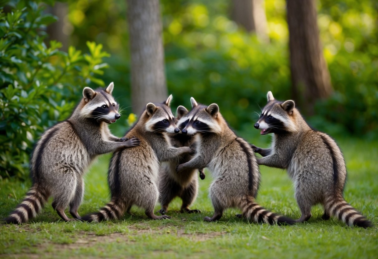 A group of raccoons playfully interact with each other in a lush, wooded area, displaying friendly behavior