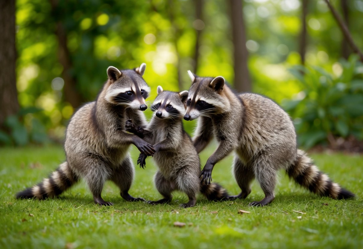 A family of raccoons playfully interact with each other in a lush, wooded area, displaying friendly and curious behavior