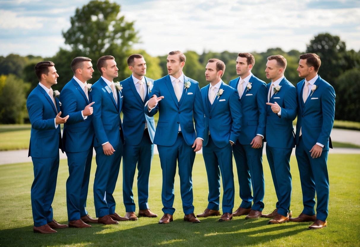A group of groomsmen standing together at a wedding, one of them gesturing with a questioning expression