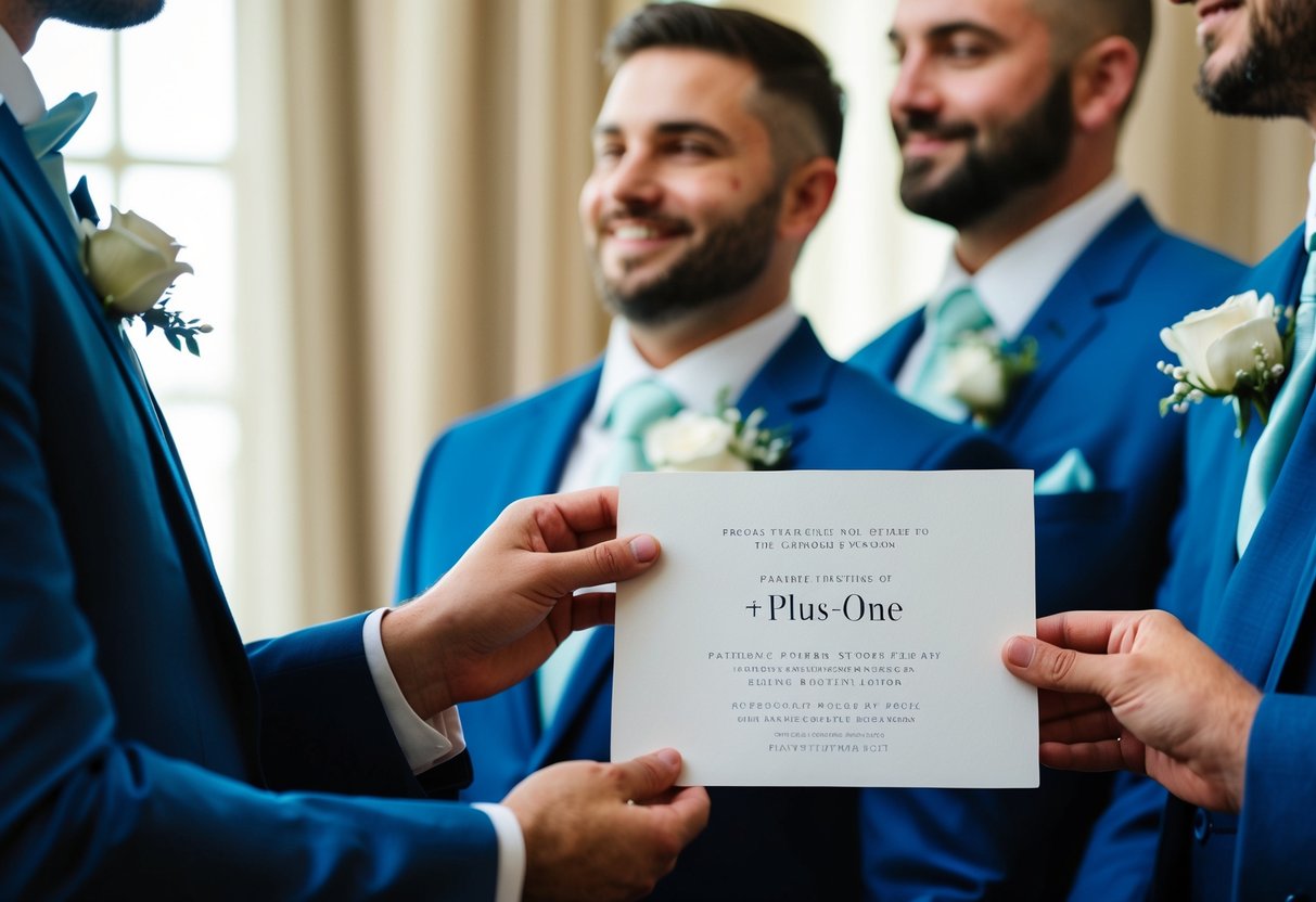 A groomsmen receiving a plus-one invitation with his name on it