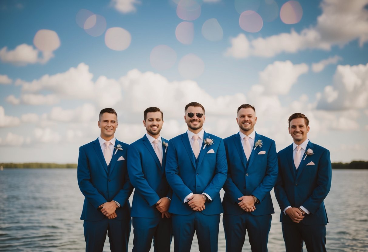 The groomsmen stand in matching suits beside the groom