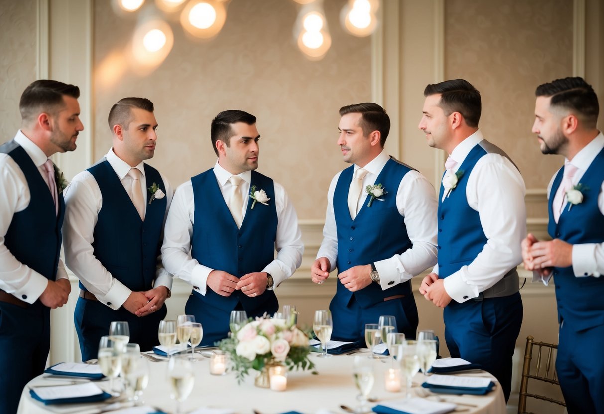 A group of groomsmen discussing seating arrangements at a wedding reception, with one of them asking if they are allowed to bring a plus one