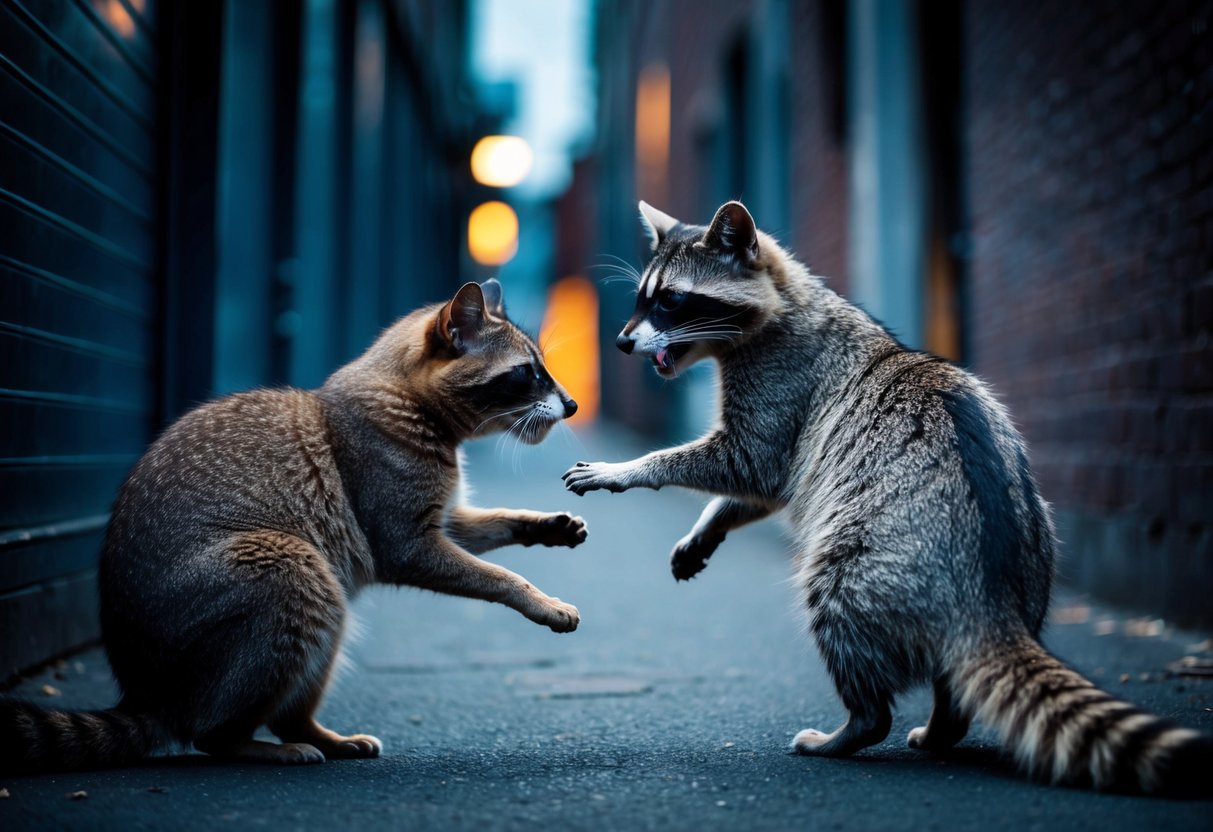 A cat and a raccoon face off in a dark alley, their fur bristling as they prepare to fight