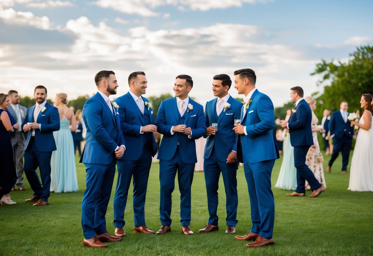 A group of groomsmen discussing plus ones at a wedding, with couples and guests mingling in the background