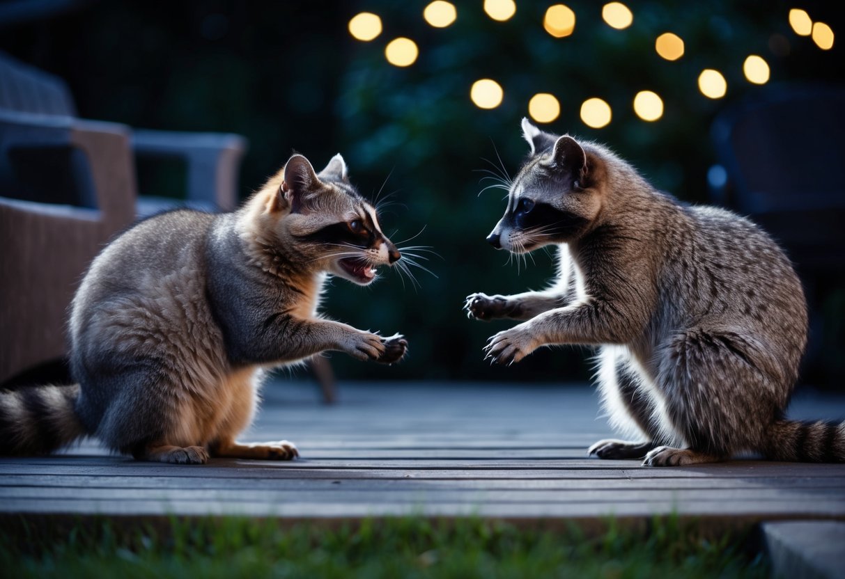 A cat and raccoon face off, claws bared, in a dimly lit backyard
