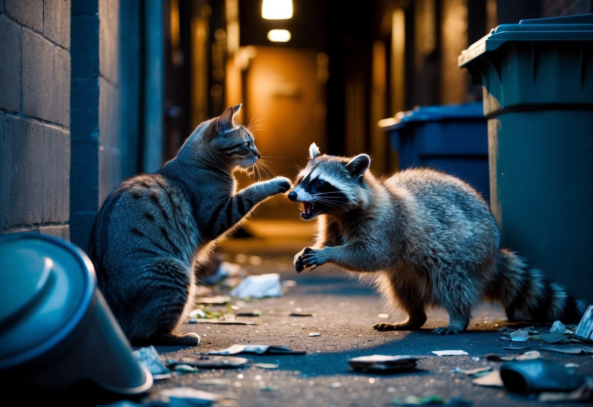 A cat and raccoon face off in a dimly lit alley, surrounded by overturned trash cans and scattered debris. The cat arches its back, hissing, while the raccoon bares its teeth, ready to strike