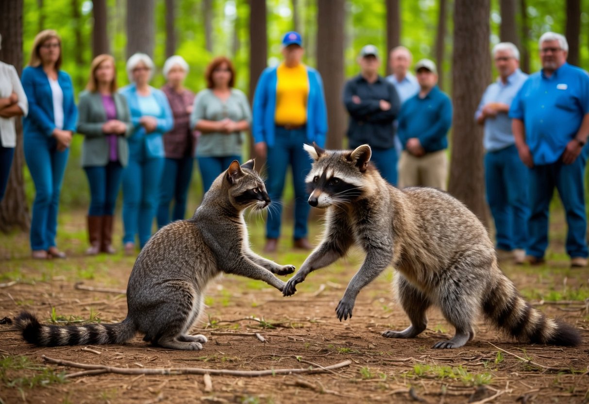 A cat and a raccoon face off in a forest clearing, surrounded by curious onlookers from the community. The cat crouches defensively while the raccoon stands its ground, ready to defend itself