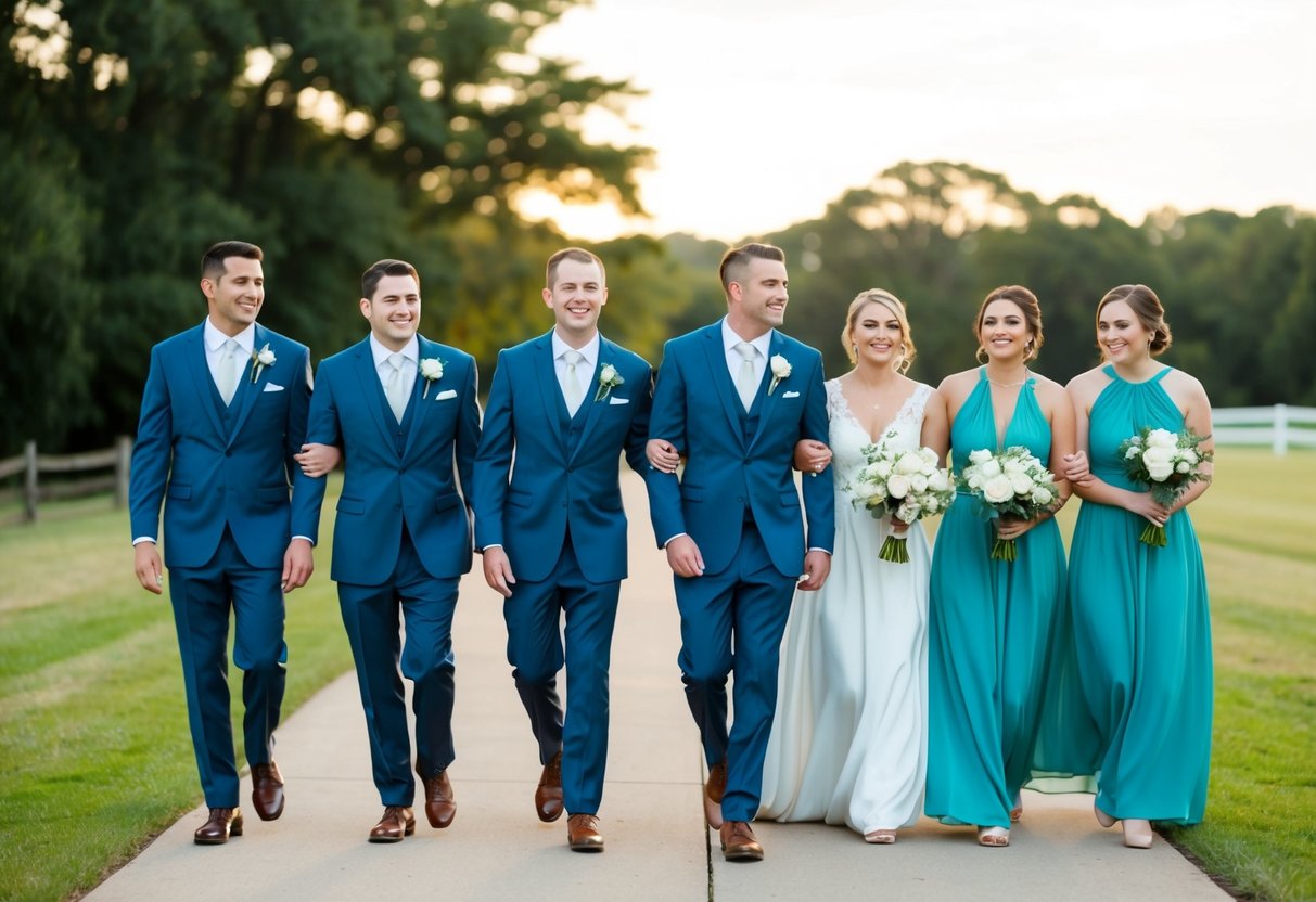 Groomsmen and bridesmaids walk out together in pairs