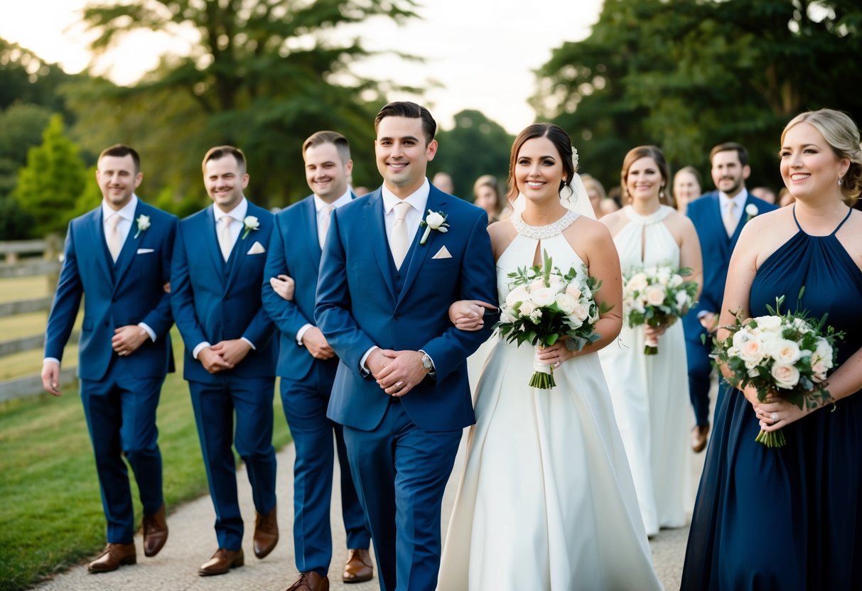 Groomsmen and bridesmaids walk out together, side by side, in a wedding procession