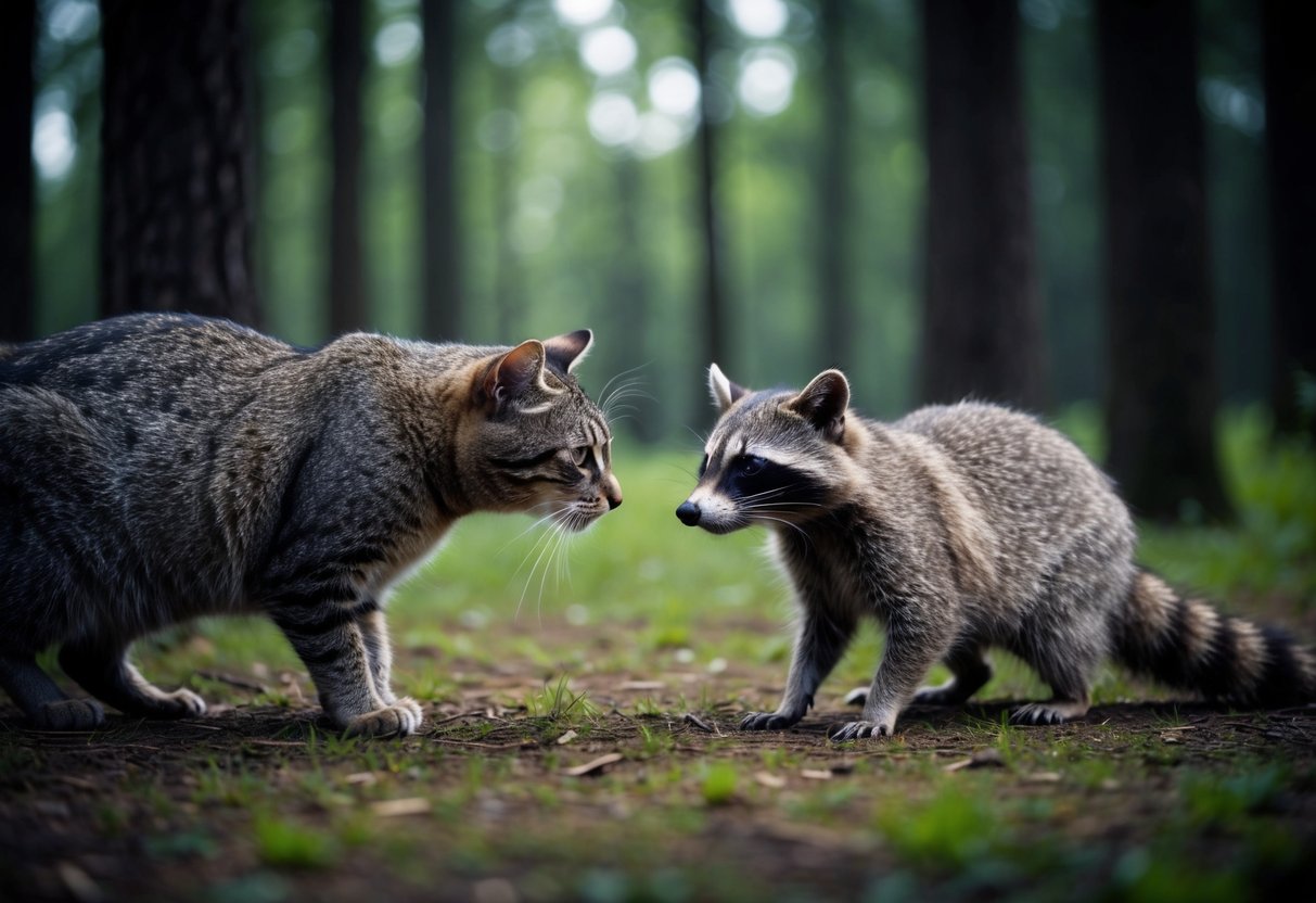 A house cat and raccoon face off in a dimly lit forest clearing, their eyes locked in a tense standoff