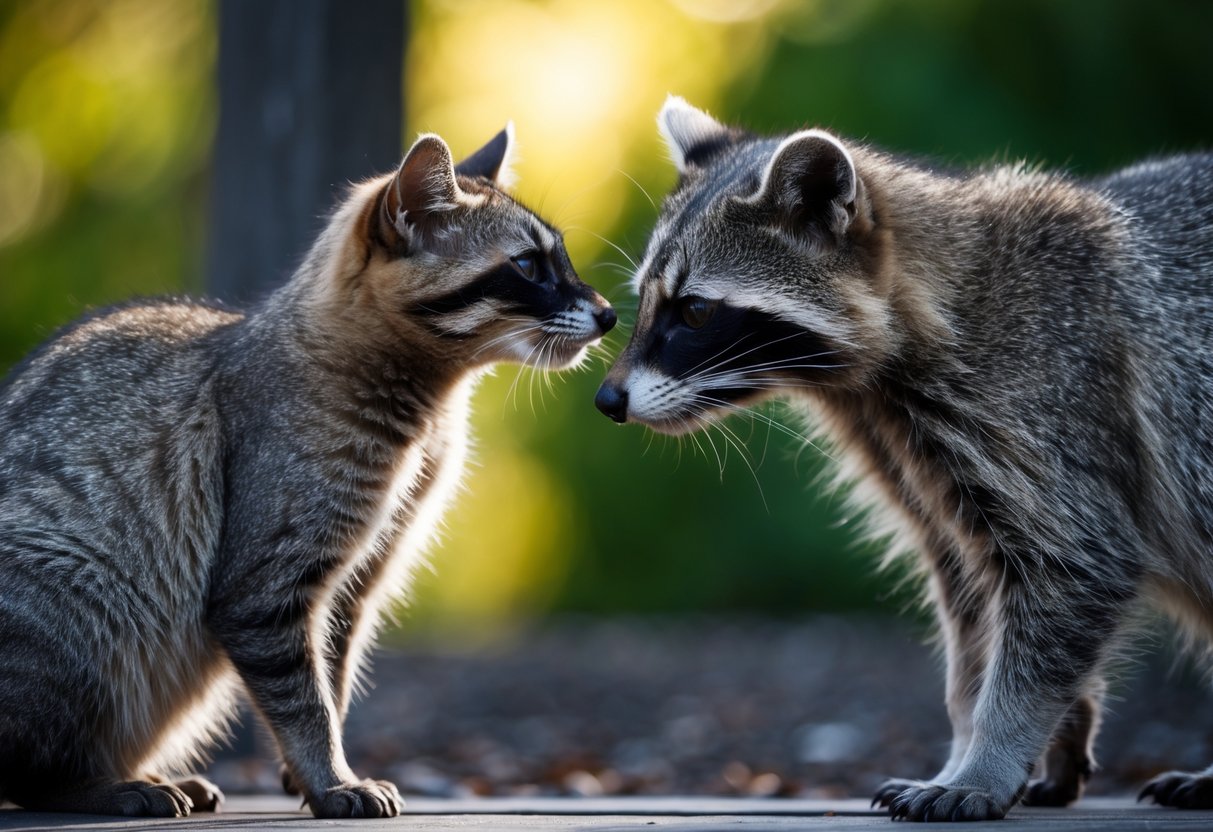 A house cat and raccoon face each other, their bodies tense with curiosity. The cat's tail flicks nervously as they cautiously approach each other, sniffing and observing each other's movements