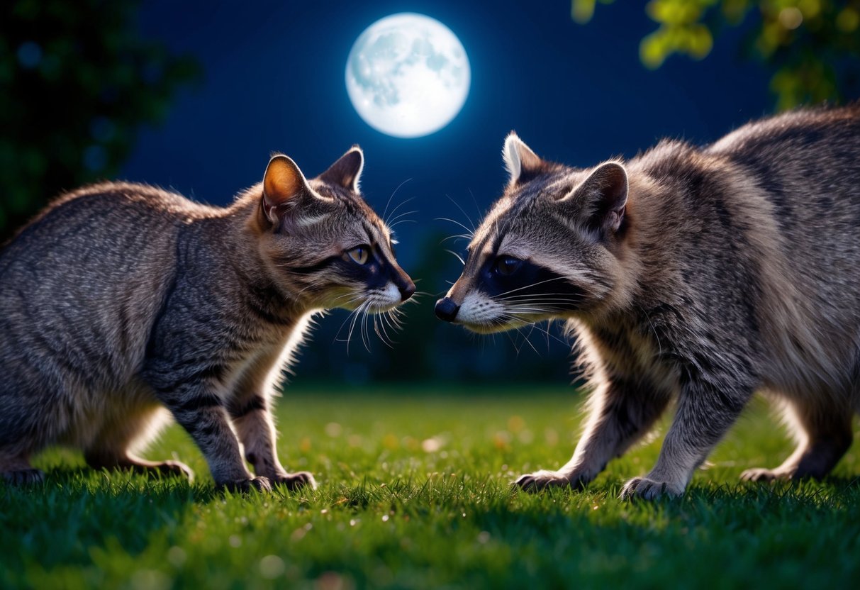 A curious house cat and a raccoon cautiously sniff each other in a moonlit garden, their eyes locked in a moment of potential hybridization