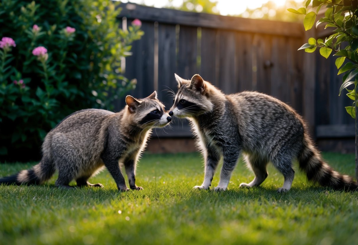 A house cat and a raccoon cautiously sniff each other in a backyard, surrounded by greenery and a wooden fence