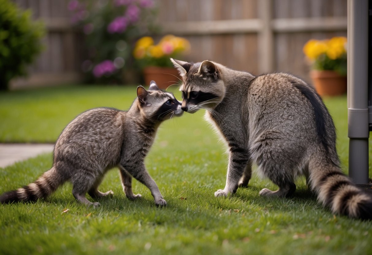 A cat and raccoon cautiously approach each other in a backyard, sniffing and observing each other's behavior