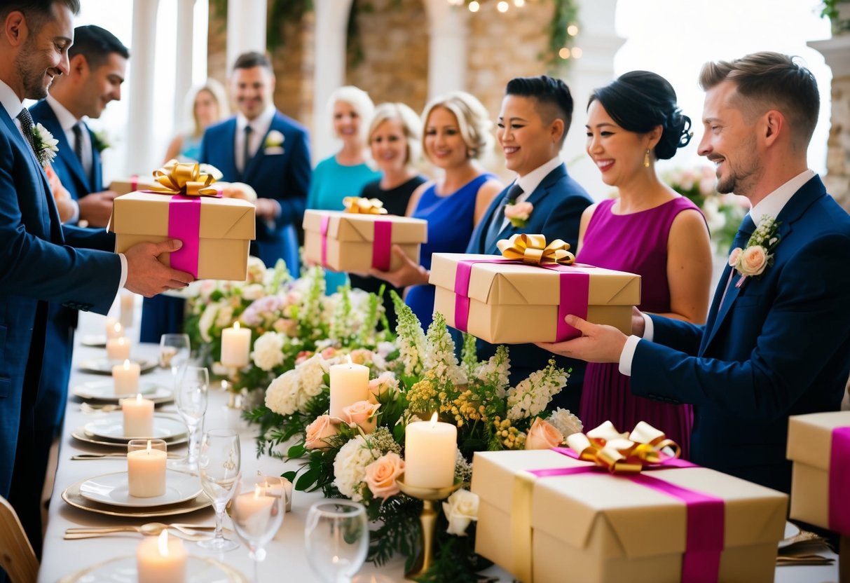 Guests bring wrapped gifts to a vow renewal, placing them on a table adorned with flowers and candles