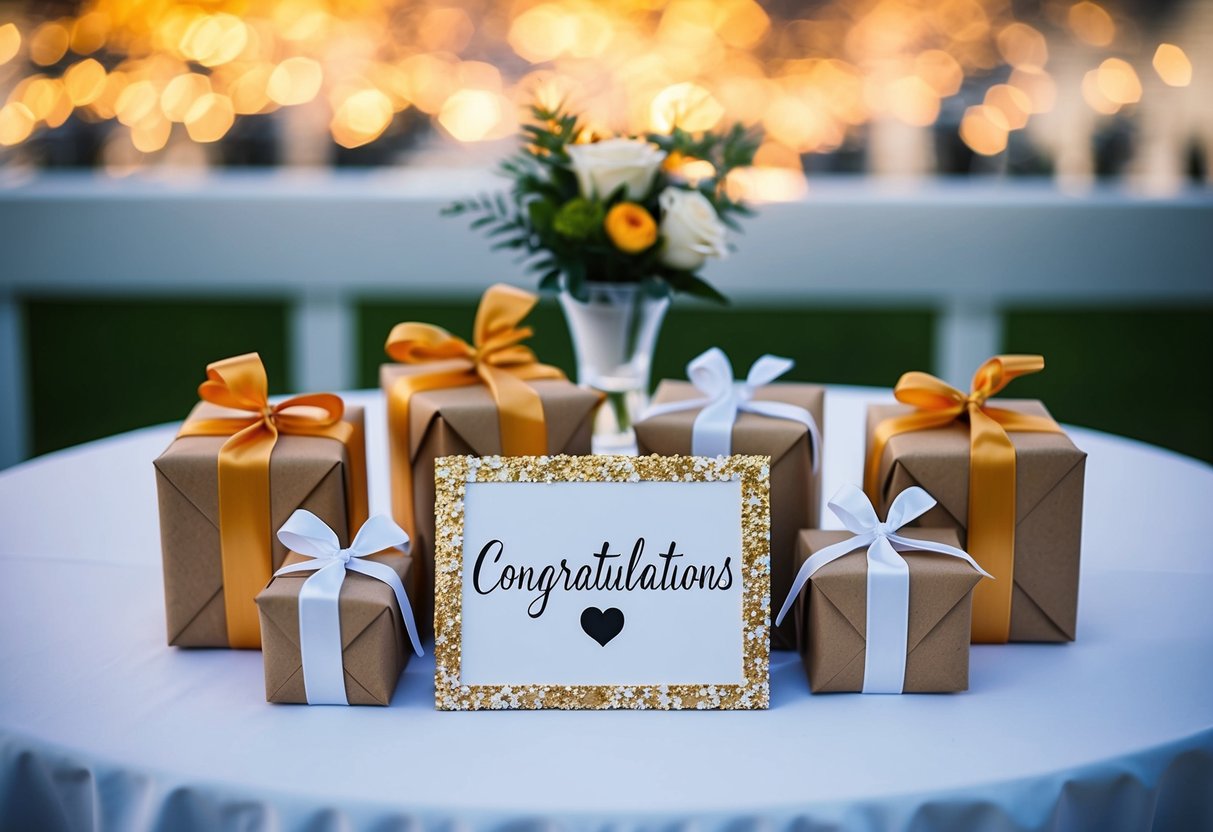 A table adorned with wrapped gifts and a sign reading "Congratulations" at a vow renewal ceremony