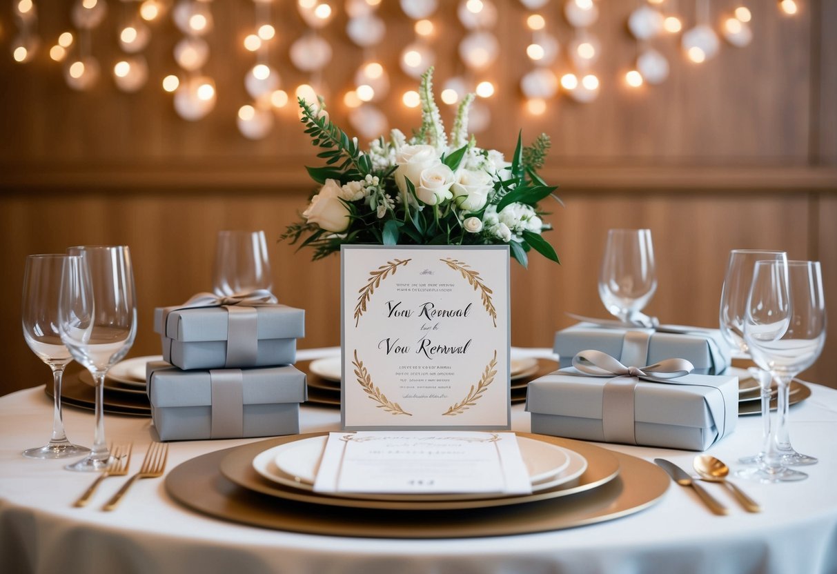 A table set with elegant invitations and wrapped gifts for a vow renewal celebration