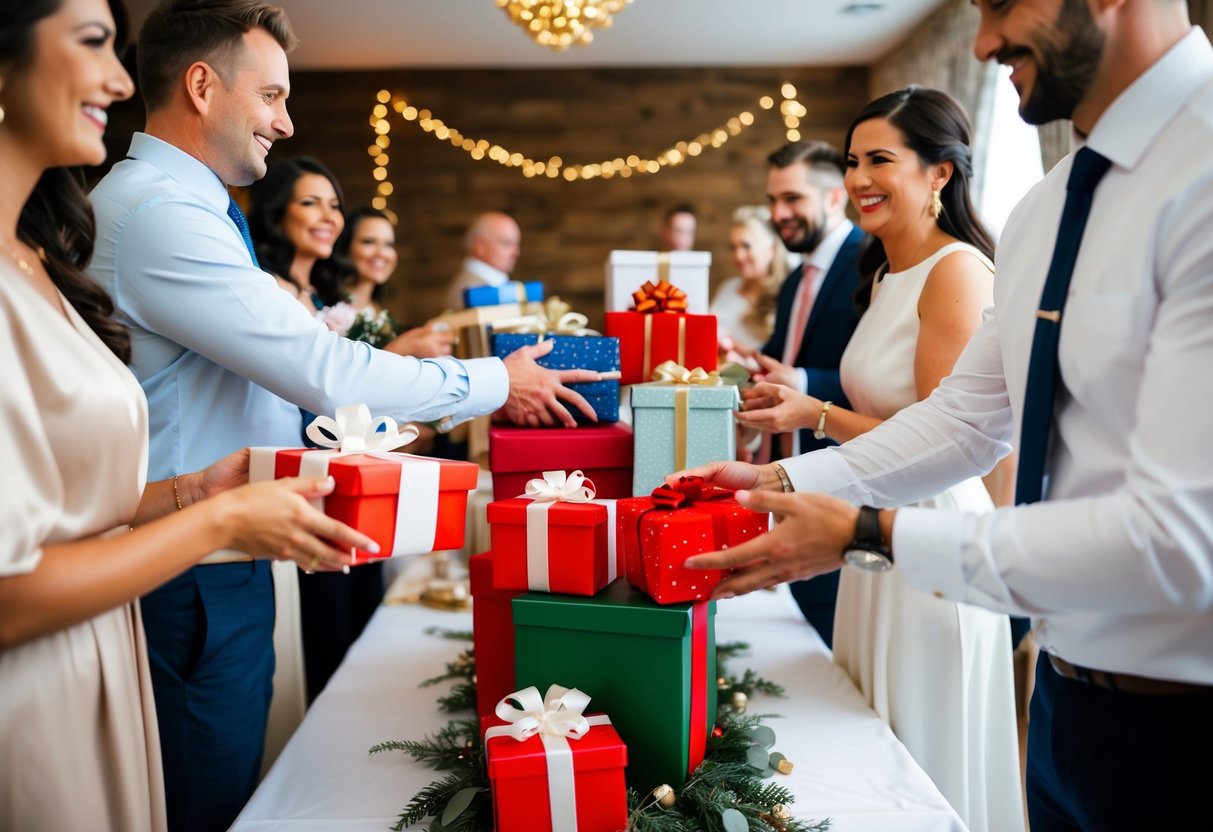 Guests bring gifts to a vow renewal. A decorated table displays presents and a festive atmosphere