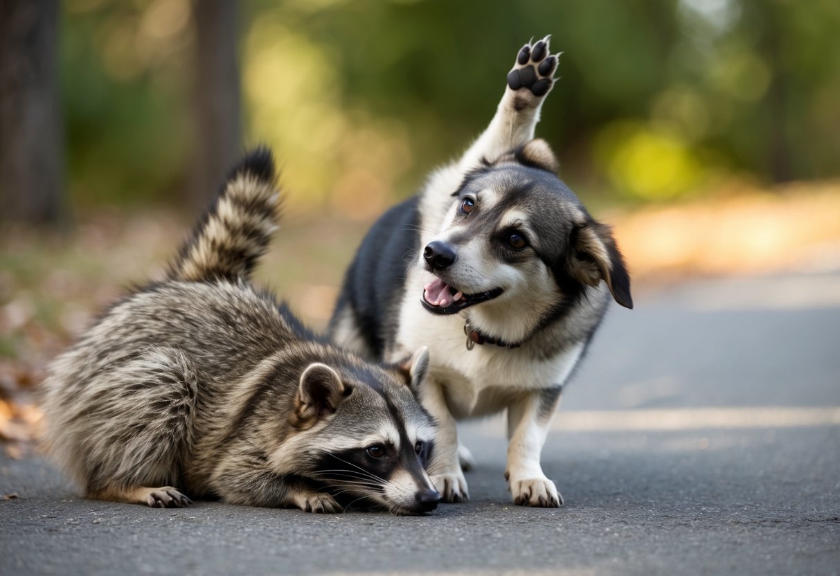 A dog with a raised paw over a dead raccoon, foam around its mouth