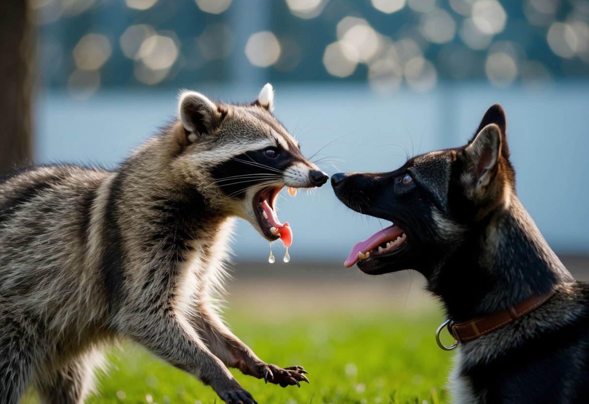 A snarling raccoon lunges at a barking dog, saliva dripping from its open mouth
