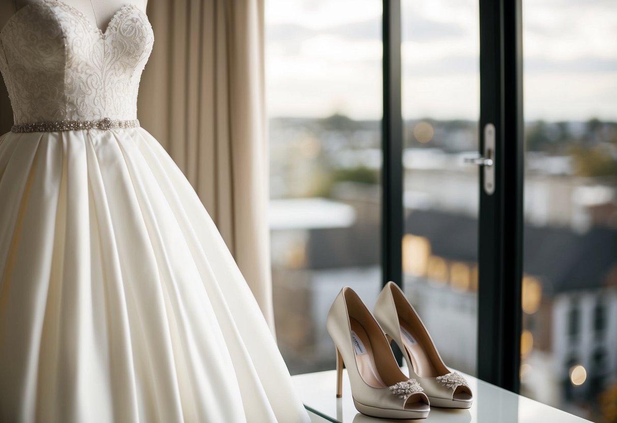 A wedding dress on a mannequin, with a pair of high heels placed next to it