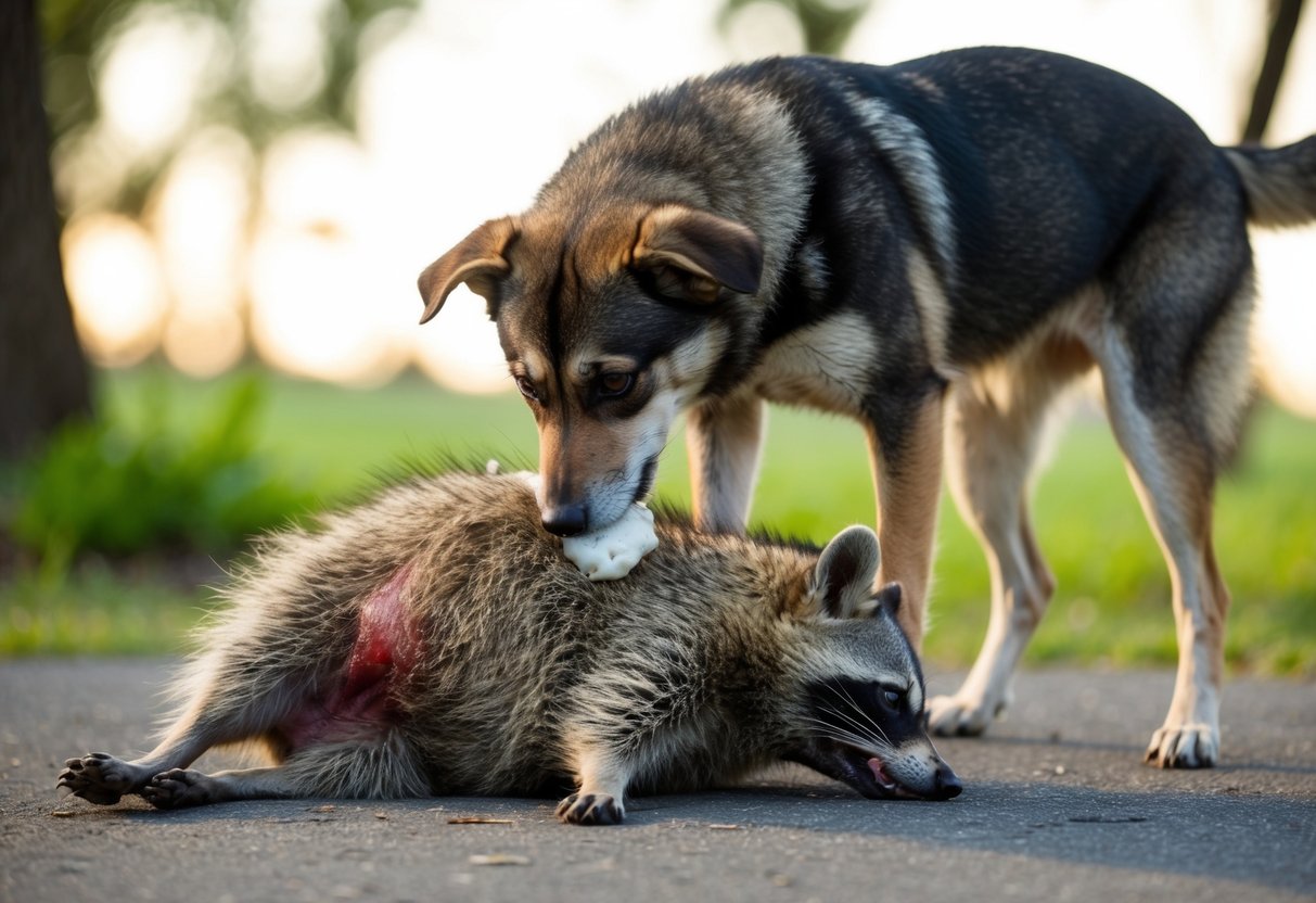 A dog stands over a raccoon carcass, sniffing cautiously. The raccoon's body is twisted and bloody, with foam around its mouth