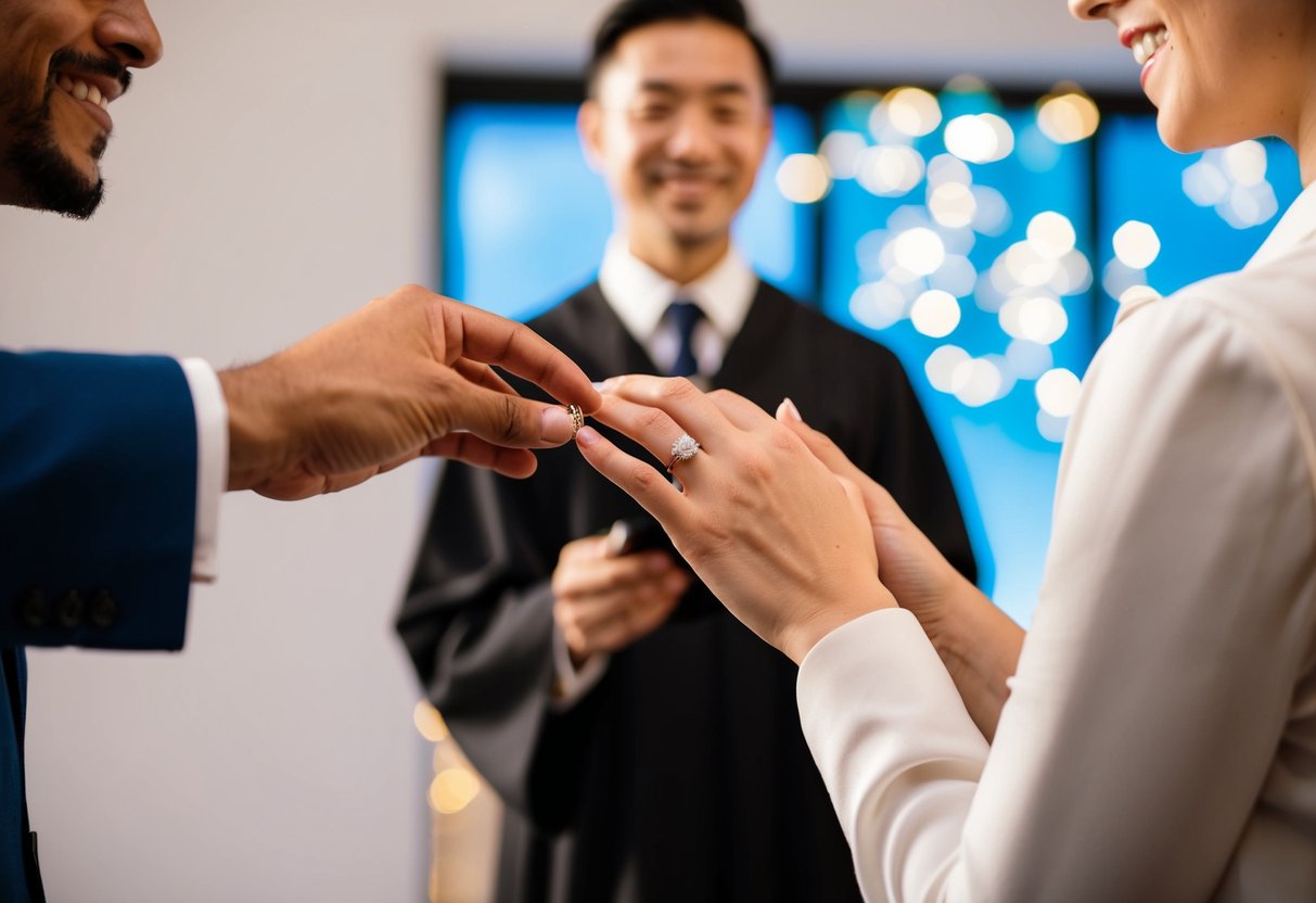 A person placing a wedding ring on their partner's finger, with a smiling officiant in the background