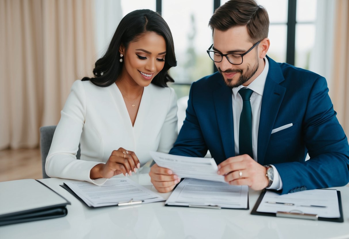 A newlywed couple reviewing tax documents at a table, with wedding rings visible