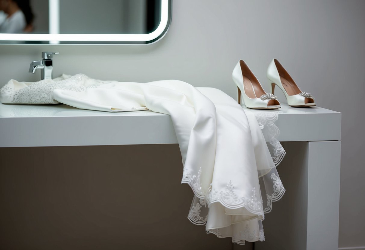 A woman's wedding dress laid out on a sleek, modern vanity with a pair of elegant heels placed next to it, creating a sense of sophistication and slimming effect