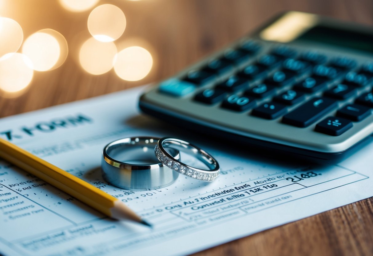 A couple's wedding rings resting on top of a tax form, with a calculator and pencil nearby