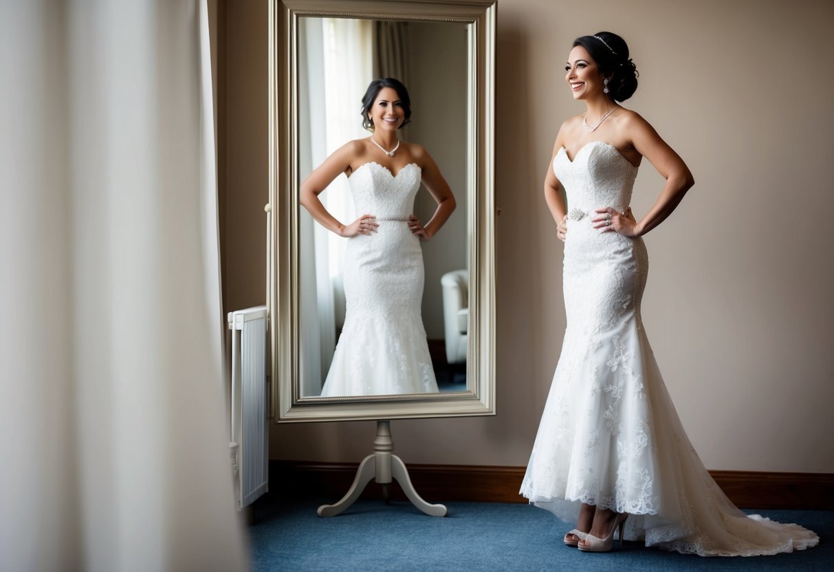 A bride standing in a elegant wedding dress, wearing high heels, looking into a full-length mirror with a confident smile
