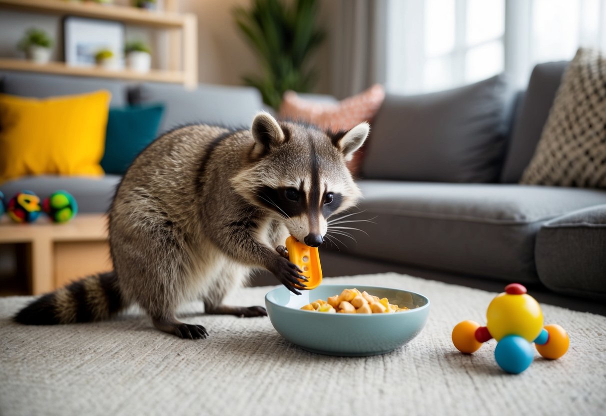 A raccoon sits in a cozy living room, eating from a bowl and playing with toys