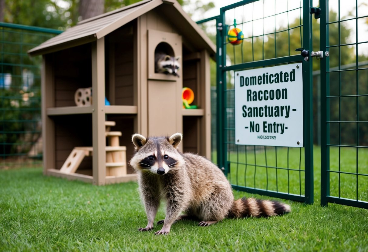 A raccoon sits in a cozy, secure outdoor enclosure, complete with a shelter, climbing structures, and toys. A sign on the gate reads "Domesticated Raccoon Sanctuary - No Entry."