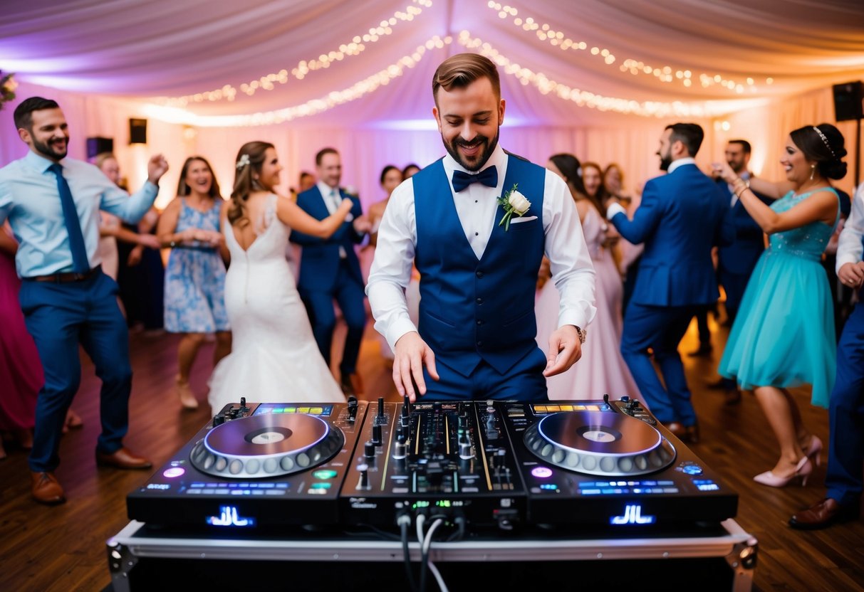 A joyful wedding scene with a DJ or musician playing music on a stage or dance floor, surrounded by dancing guests and festive decorations