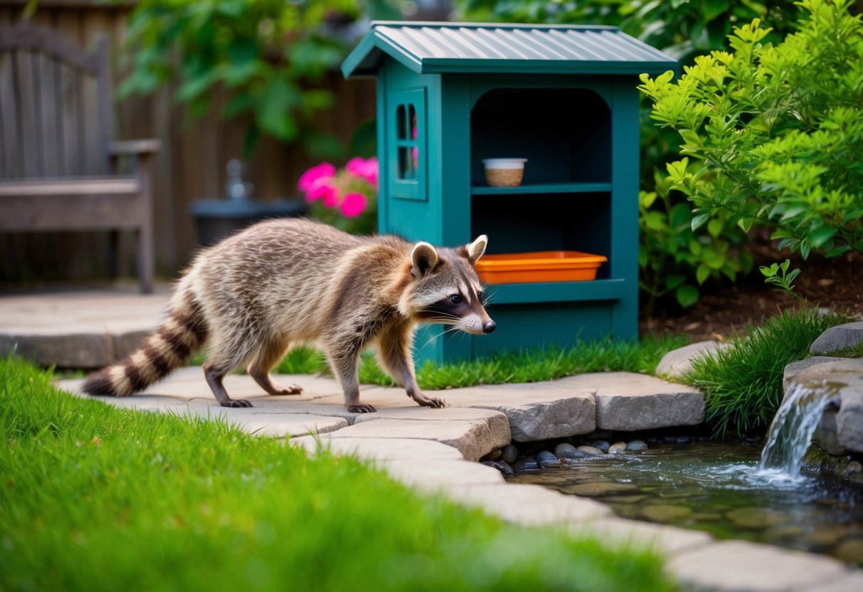 A raccoon cautiously approaches a cozy backyard with a small shelter and feeding station, surrounded by lush greenery and a clear, flowing stream