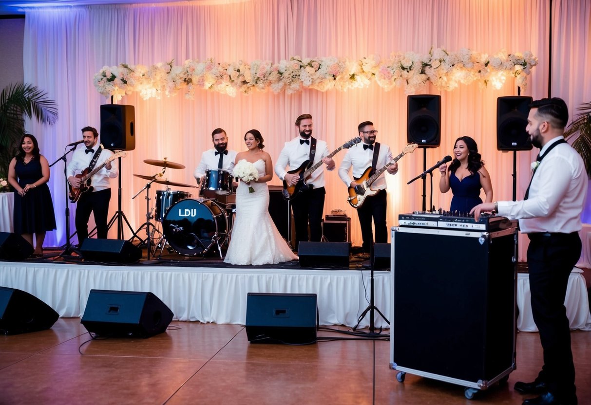 A festive wedding reception with a live band playing on stage while a DJ spins music from a booth