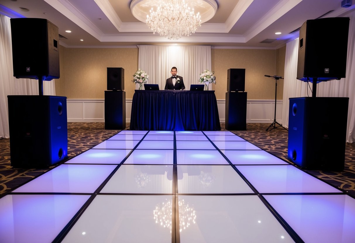 A wedding venue with a DJ booth, speakers, and a dance floor set up for a celebration