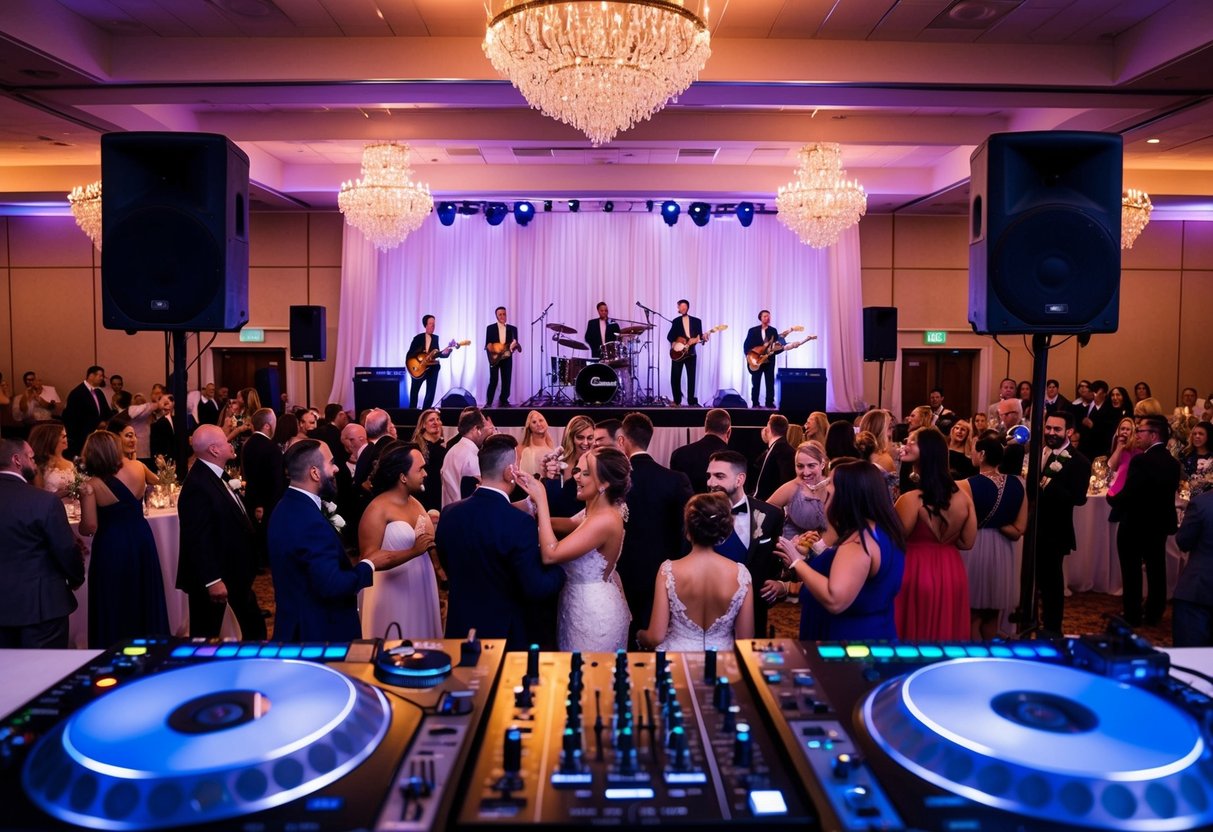 A lively wedding reception with a DJ spinning tunes while a band performs on stage, creating a vibrant and celebratory atmosphere for the guests