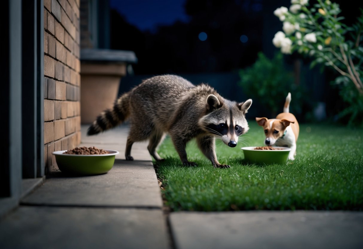A raccoon sneaking into a backyard at night, eyeing a cat and small dog eating from their bowls