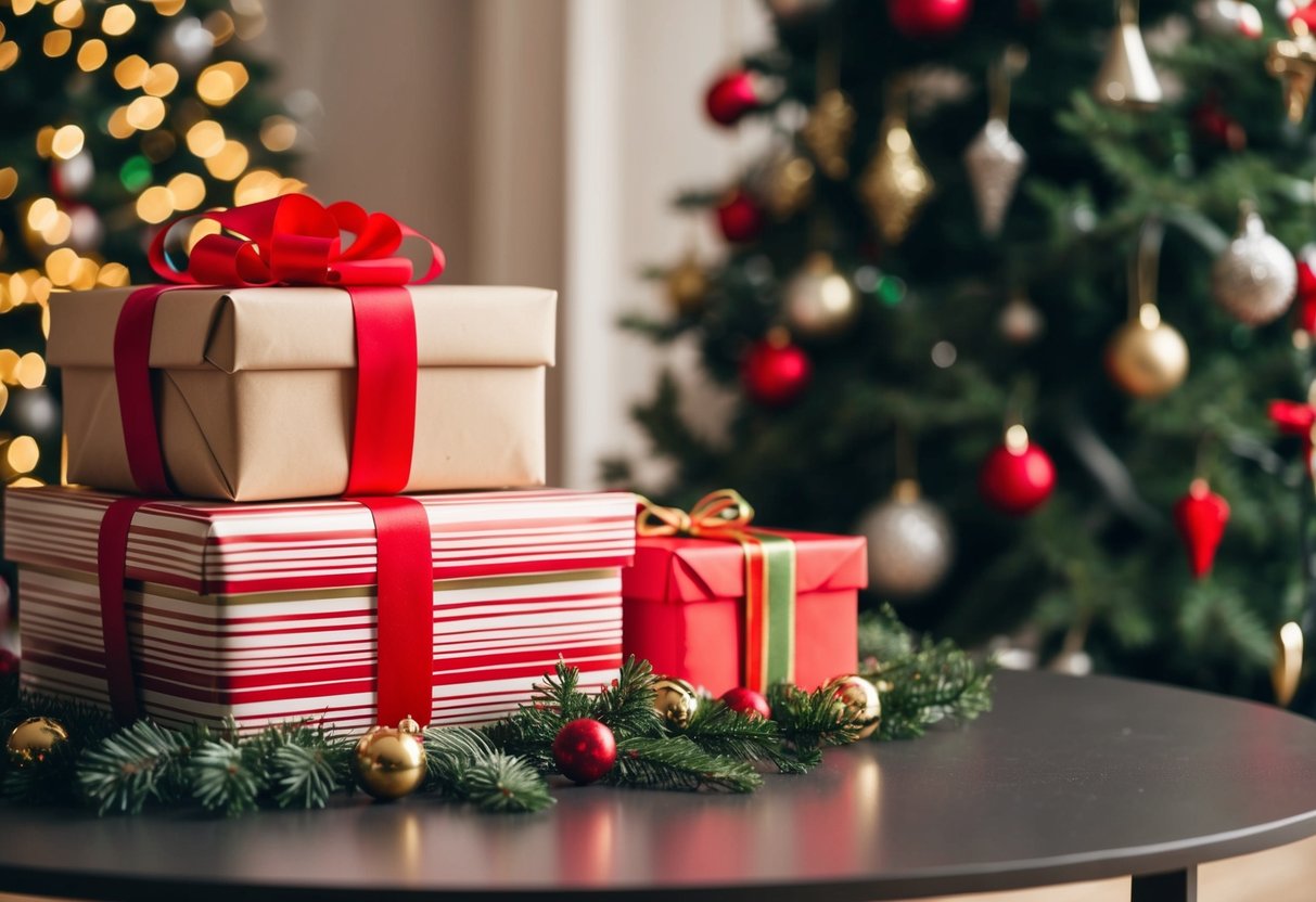A beautifully wrapped gift sits on a table next to a stack of other presents, surrounded by festive decorations