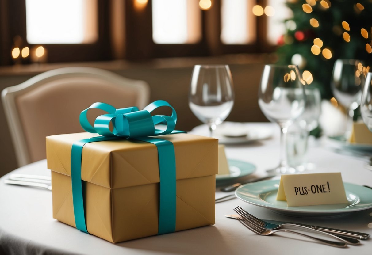 A wrapped gift box placed on a table next to a beautifully set dinner table, with a plus-one's name tag